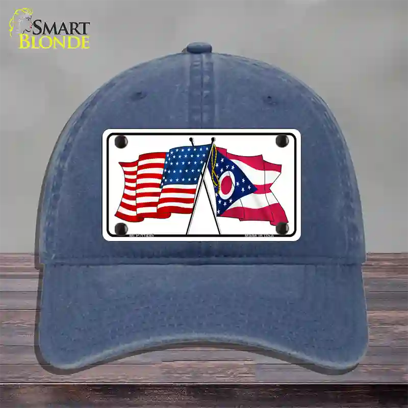 Ohio Crossed US Flag Novelty License Plate Hat Unconstructed Cotton / Navy