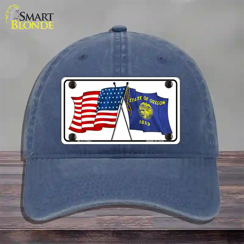 Oregon Crossed US Flag Novelty License Plate Hat Unconstructed Cotton / Navy