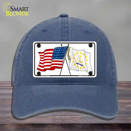 Rhode Island Crossed US Flag Novelty License Plate Hat Unconstructed Cotton / Navy