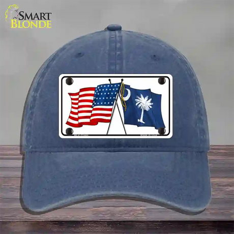 South Carolina Crossed US Flag Novelty License Plate Hat Unconstructed Cotton / Navy