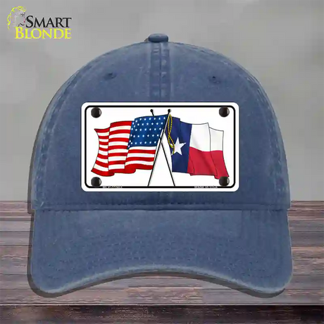 Texas Crossed US Flag Novelty License Plate Hat Unconstructed Cotton / Navy