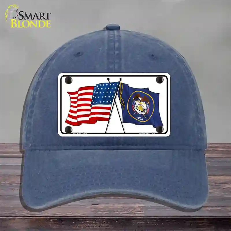 Utah Crossed US Flag Novelty License Plate Hat Unconstructed Cotton / Navy