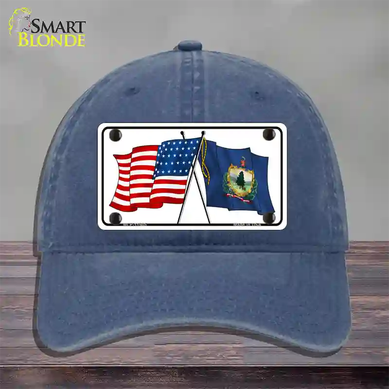 Vermont Crossed US Flag Novelty License Plate Hat Unconstructed Cotton / Navy