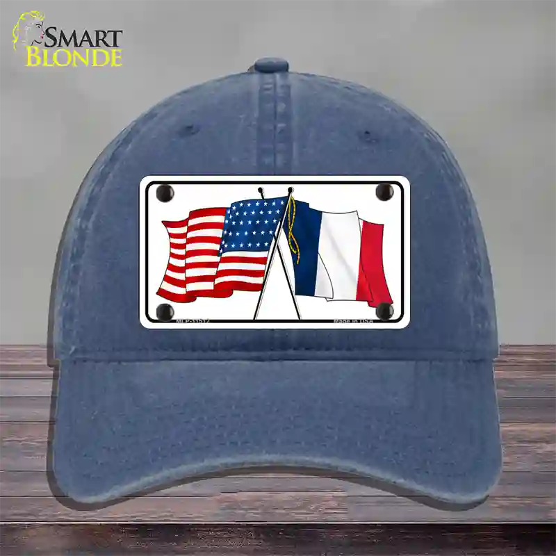 France Crossed US Flag Novelty License Plate Hat Unconstructed Cotton / Navy