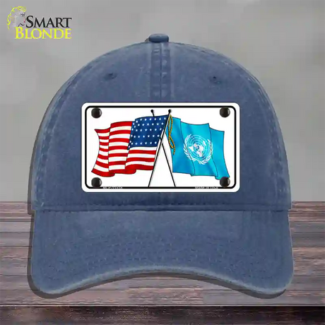 United Nation Crossed US Flag Novelty License Plate Hat Unconstructed Cotton / Navy