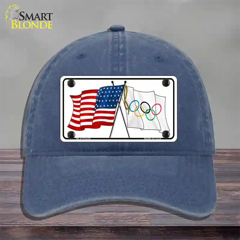 Olympic Crossed US Flag Novelty License Plate Hat Unconstructed Cotton / Navy