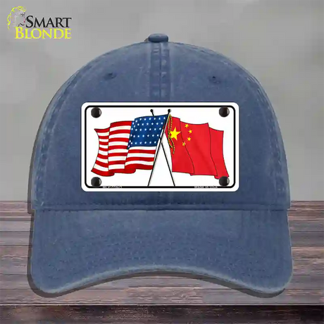 China Crossed US Flag Novelty License Plate Hat Unconstructed Cotton / Navy