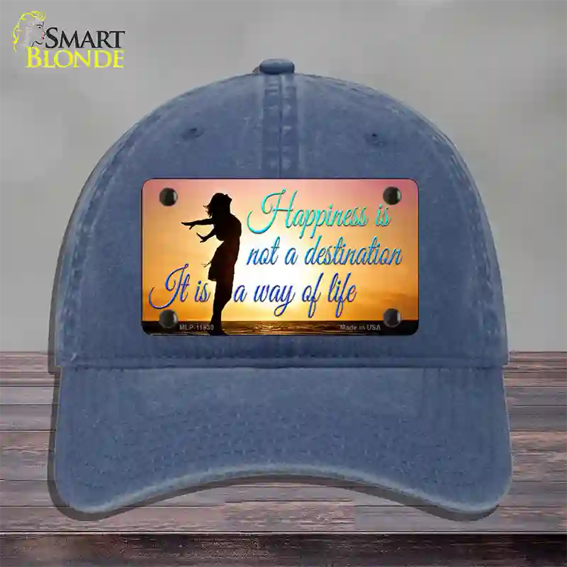 Happiness Way Of Life Sunset Novelty License Plate Hat Unconstructed Cotton / Navy