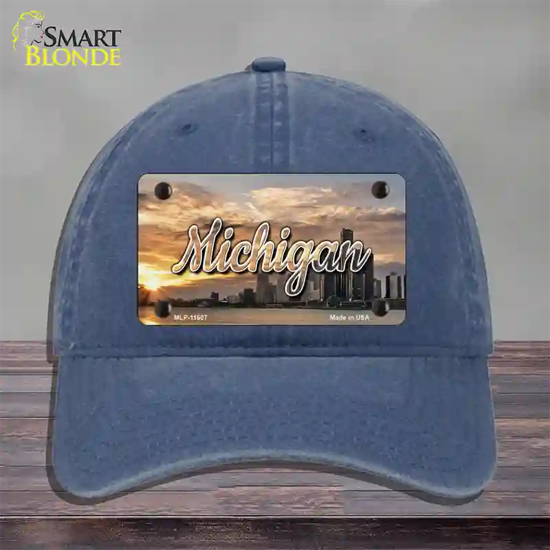 Michigan City Sunset State Novelty License Plate Hat Unconstructed Cotton / Navy