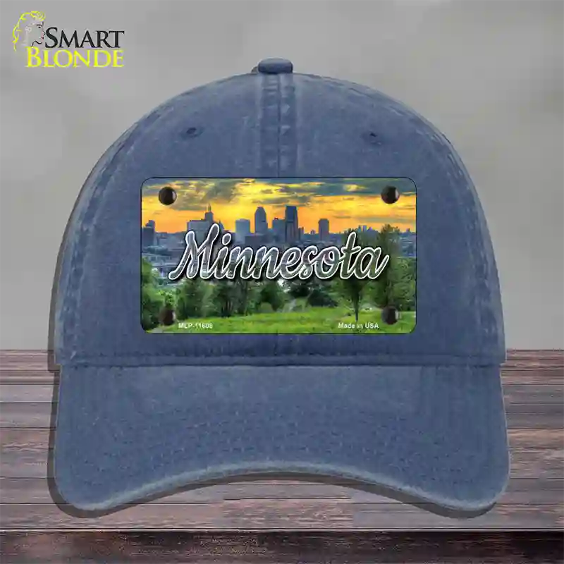 Minnesota City Skyline Sunset State Novelty License Plate Hat Unconstructed Cotton / Navy