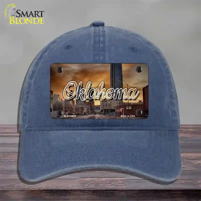 Oklahoma Sunset Skyline State Novelty License Plate Hat Unconstructed Cotton / Navy