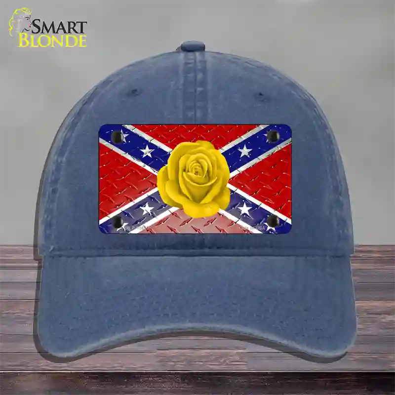 Confederate Flag With Yellow Rose Novelty License Plate Hat Unconstructed Cotton / Navy