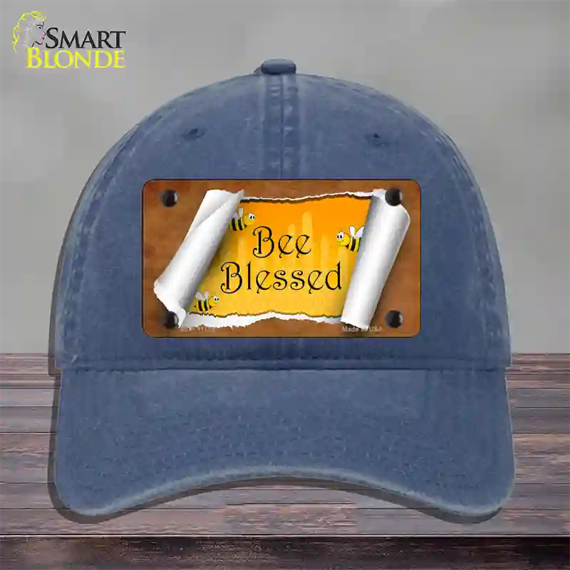 Bee Blessed Scroll Novelty License Plate Hat Unconstructed Cotton / Navy