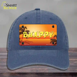 Be Happy Beach Scene Novelty License Plate Hat Unconstructed Cotton / Navy