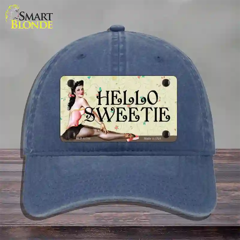 Hello Sweetie Vintage Pinup Novelty License Plate Hat Unconstructed Cotton / Navy