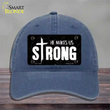 He Makes Us Strong Novelty License Plate Hat Unconstructed Cotton / Navy