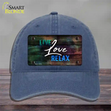 Live Love Relax Novelty License Plate Hat Unconstructed Cotton / Navy