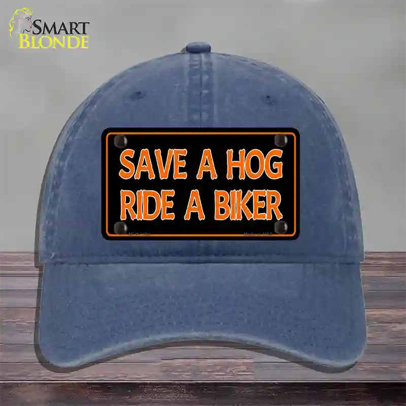 Save A Hog Ride A Biker Novelty License Plate Hat Unconstructed Cotton / Navy