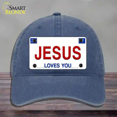 Jesus Loves You Novelty License Plate Hat Unconstructed Cotton / Navy