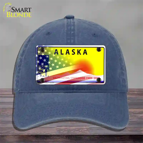 Alaska State Blank Novelty License Plate Hat Unconstructed Cotton / Navy / Alaska Statehood (2216):https | Half American Flag | Yes