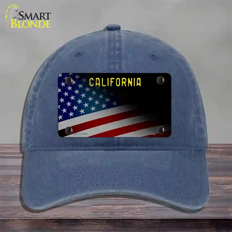 California with American Flag Novelty License Plate Hat Unconstructed Cotton / Navy