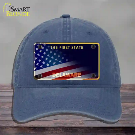 Delaware with American Flag Novelty License Plate Hat Unconstructed Cotton / Navy