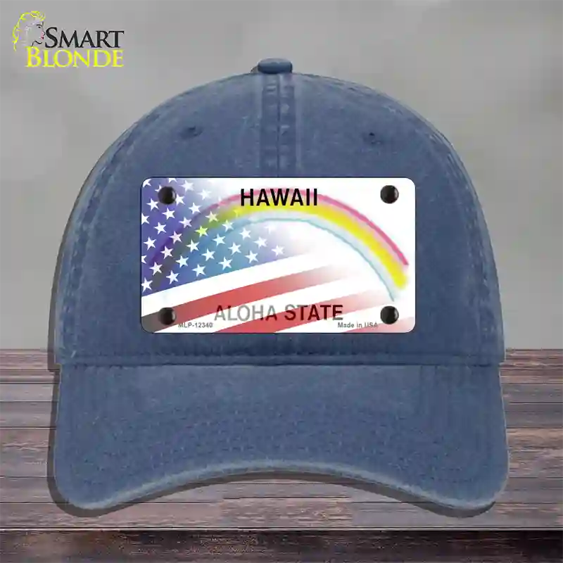 Hawaii with American Flag Novelty License Plate Hat Unconstructed Cotton / Navy