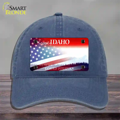 Idaho with American Flag Novelty License Plate Hat Unconstructed Cotton / Navy