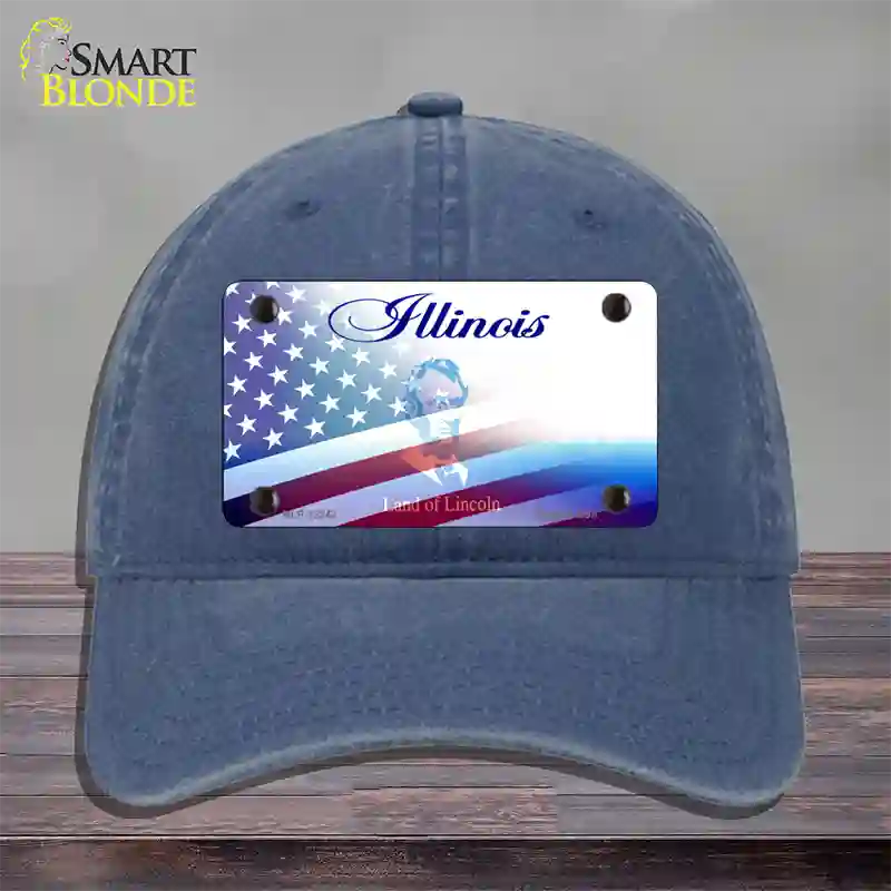 Illinois with American Flag Novelty License Plate Hat Unconstructed Cotton / Navy