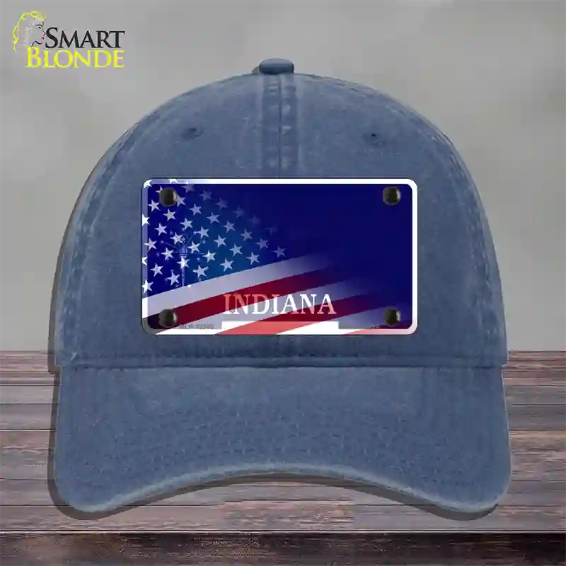 Indiana with American Flag Novelty License Plate Hat Unconstructed Cotton / Navy