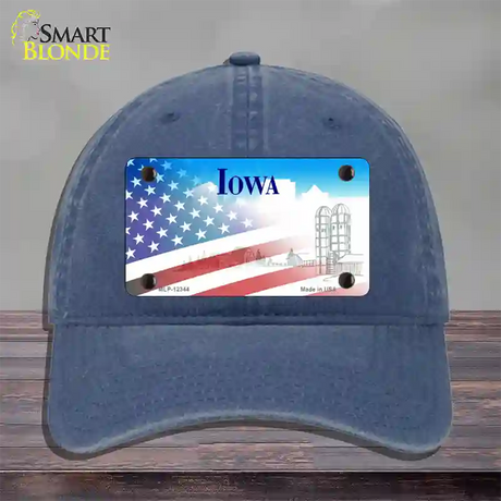 Iowa with American Flag Novelty License Plate Hat Unconstructed Cotton / Navy