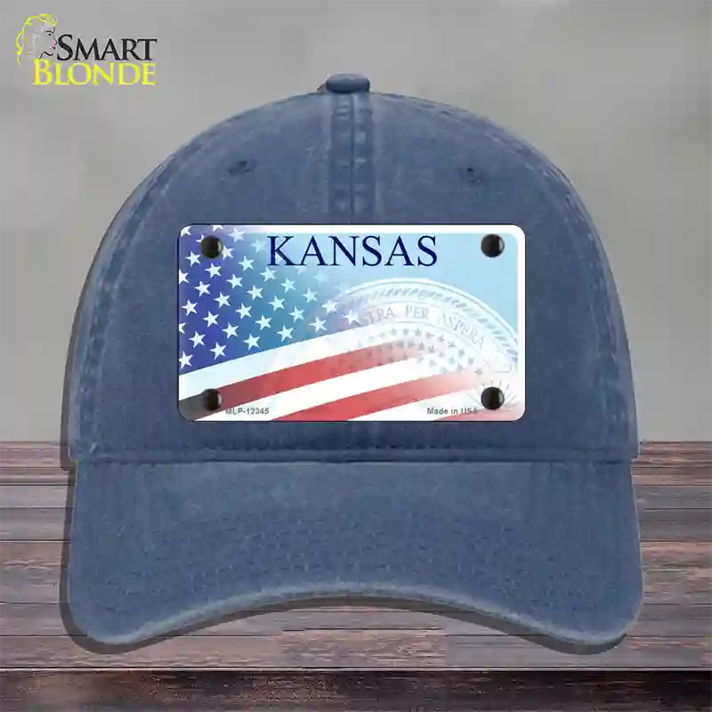 Kansas with American Flag Novelty License Plate Hat Unconstructed Cotton / Navy