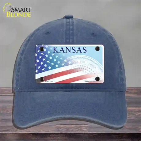 Kansas with American Flag Novelty License Plate Hat Unconstructed Cotton / Navy