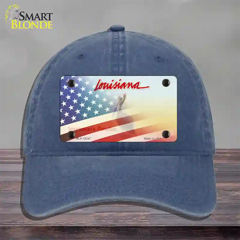 Louisiana with American Flag Novelty License Plate Hat Unconstructed Cotton / Navy