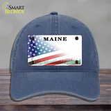 Maine with American Flag Novelty License Plate Hat Unconstructed Cotton / Navy