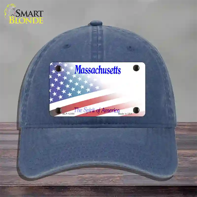 Massachusetts with American Flag Novelty License Plate Hat Unconstructed Cotton / Navy