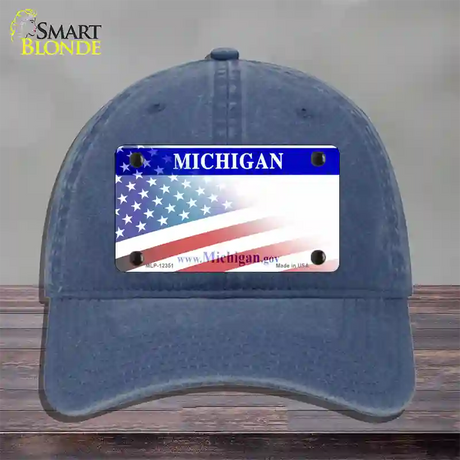 Michigan with American Flag Novelty License Plate Hat Unconstructed Cotton / Navy