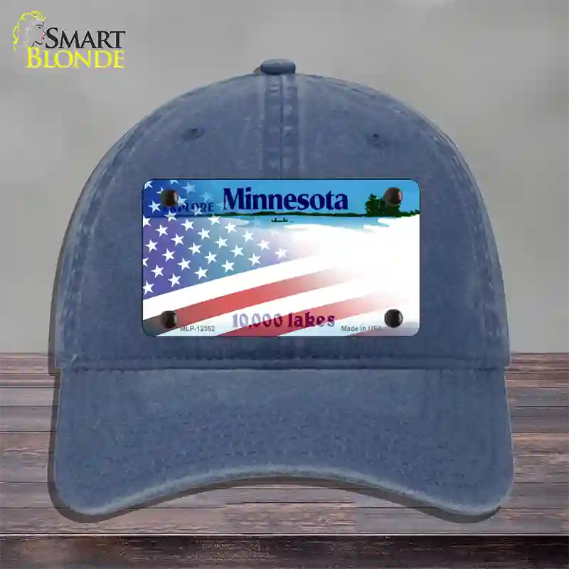 Minnesota with American Flag Novelty License Plate Hat Unconstructed Cotton / Navy