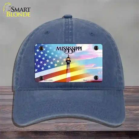 Mississippi with American Flag Novelty License Plate Hat Unconstructed Cotton / Navy