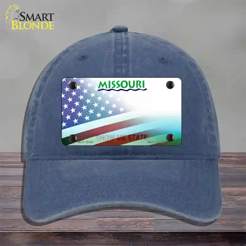 Missouri with American Flag Novelty License Plate Hat Unconstructed Cotton / Navy