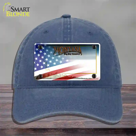 Montana with American Flag Novelty License Plate Hat Unconstructed Cotton / Navy