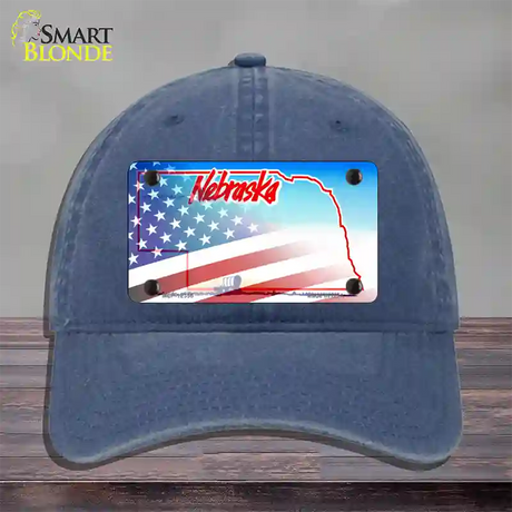 Nebraska with American Flag Novelty License Plate Hat Unconstructed Cotton / Navy