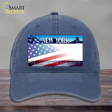 New York with American Flag Novelty License Plate Hat Unconstructed Cotton / Navy