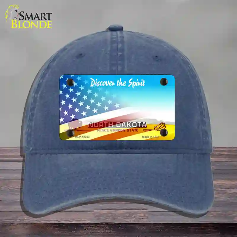 North Dakota with American Flag Novelty License Plate Hat Unconstructed Cotton / Navy