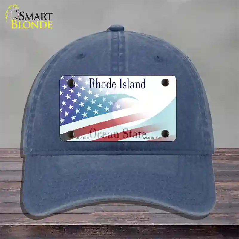 Rhode Island with American Flag Novelty License Plate Hat Unconstructed Cotton / Navy