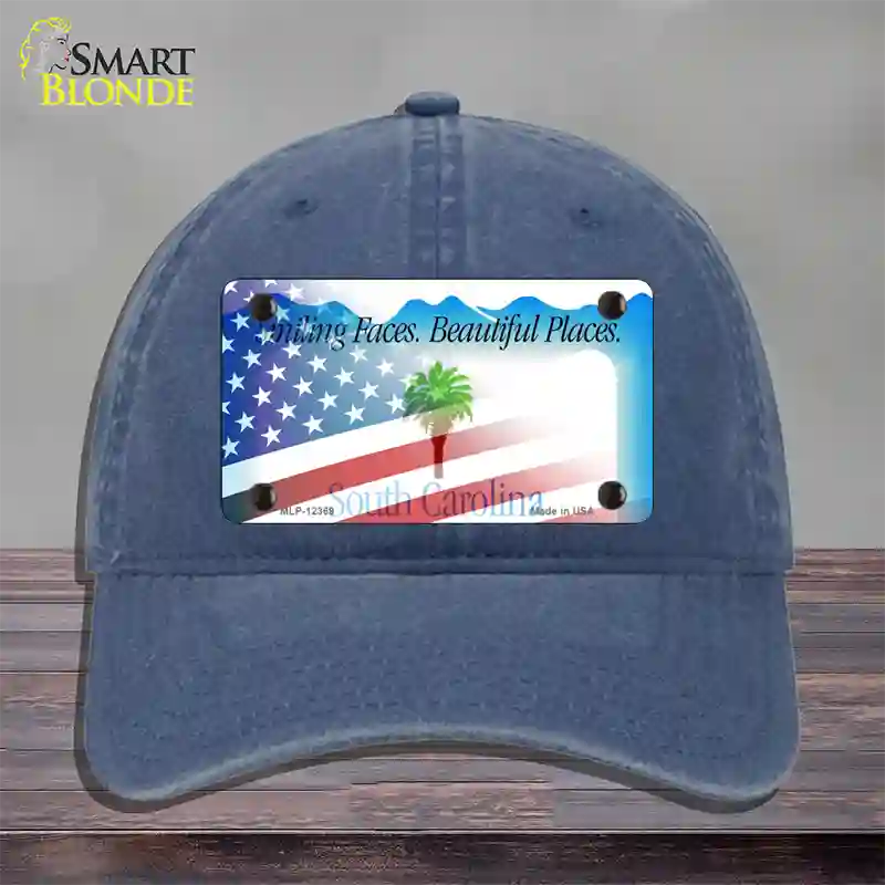 South Carolina with American Flag Novelty License Plate Hat Unconstructed Cotton / Navy