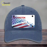 Washington with American Flag Novelty License Plate Hat Unconstructed Cotton / Navy