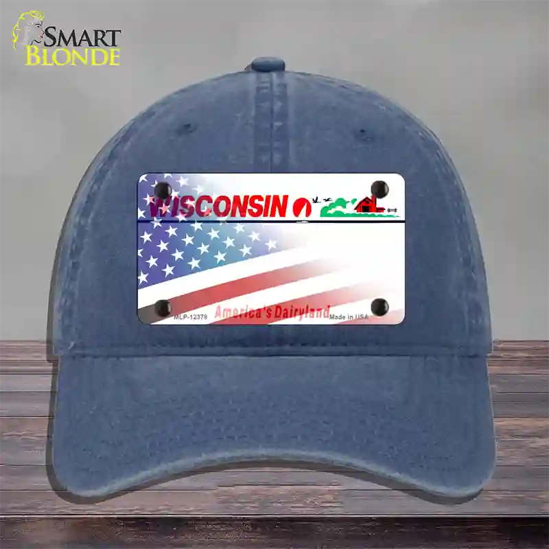 Wisconsin with American Flag Novelty License Plate Hat Unconstructed Cotton / Navy