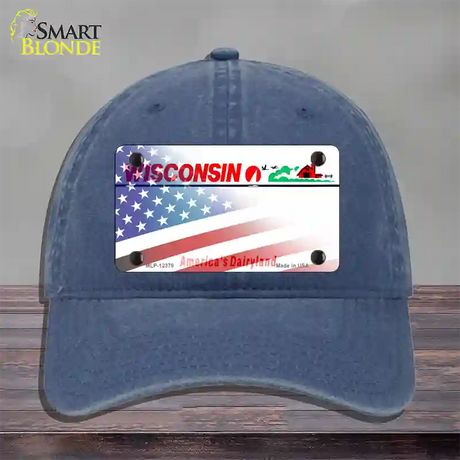 Wisconsin with American Flag Novelty License Plate Hat Unconstructed Cotton / Navy