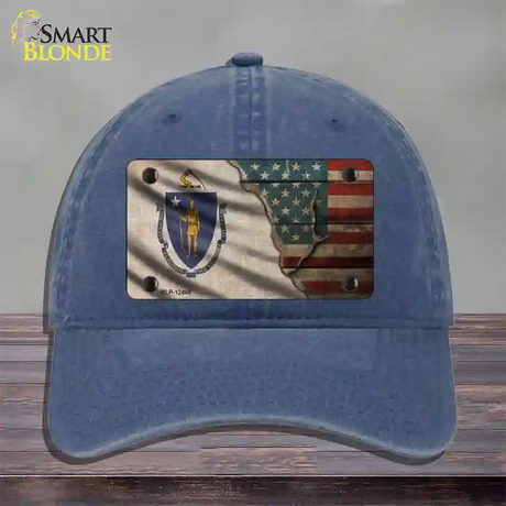 Massachusetts/American Flag Novelty License Plate Hat Unconstructed Cotton / Navy